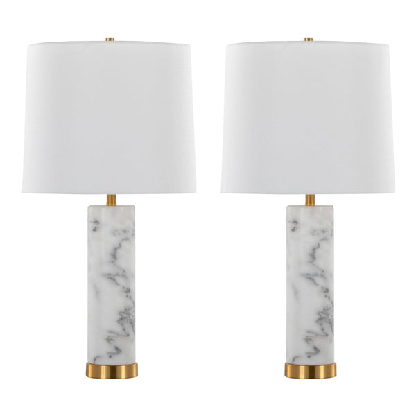English Elm Marabella Marble and Brass Table Lamp Set with Linen Shade for Bedroom Decor B202P224184
