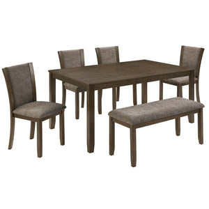 English Elm 6-Piece Rustic Dining Table Set With Bench & Chairs For 6, Dark Walnut Finish, Farmhouse Charm W1998S00086