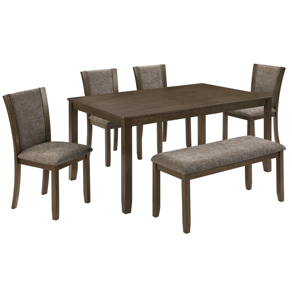 English Elm 6-Piece Rustic Dining Table Set With Bench & Chairs For 6, Dark Walnut Finish, Farmhouse Charm W1998S00086