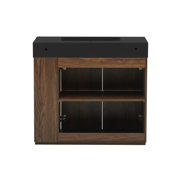 English Elm Galan Freestanding Bathroom Vanity Quartz Basin Fluted Wood Cabinet Modern Bath Walnut Brown W1865S00222