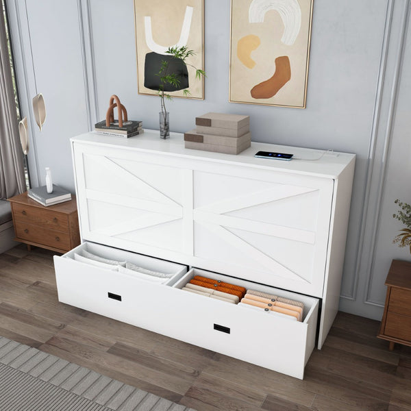 English Elm 57 Inch Murphy Bed Cabinet with Storage Drawers Charging Station and Rolling Casters White W509S00155