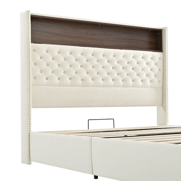 English Elm Queen Velvet Tufted Wingback Platform Bed Tall Headboard with Usb Charging Shelf Beige N733P367135A