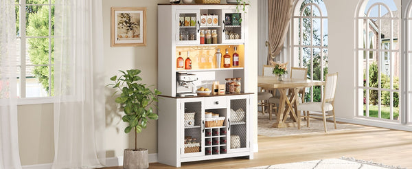 English Elm 70.9" Farmhouse Hutch Pantry with Led Lighting Wine Rack Mesh Doors and Built-in Power White CH361426AAK