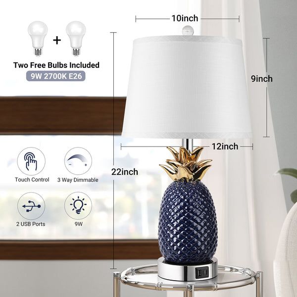 English Elm 22" Pineapple Table Lamps Set of 2 Navy Blue Ceramic 3-Level Touch Dimmable with USB-C+USB-A Ports and Bulbs Included W3355P369130
