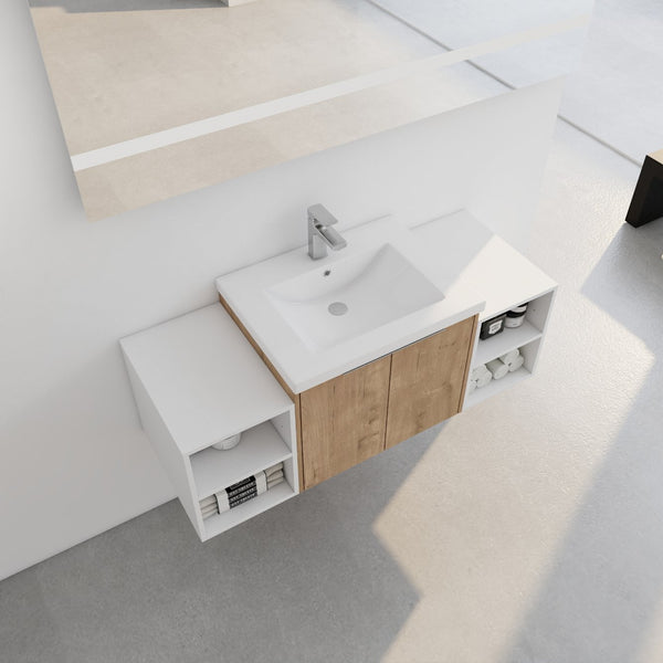 English Elm 48 Inch Wall Mounted Bathroom Vanity with Resin Sink, Soft-Close Doors, Metal Handles, Storage—Durable Eco Plywood Imitative Oak W999S00184