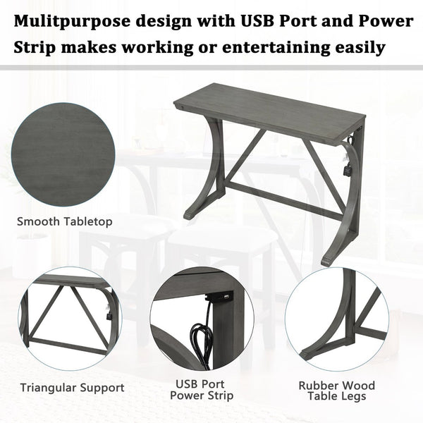 English Elm Topmax Farmhouse Counter Dining Set with Built-in Usb Charging and Upholstered Stools Gray N717P352068E