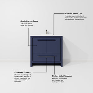 English Elm Navy Blue Bath Vanity With Cultured Marble Top - Stylish 36" Storage Solution For Modern Bathrooms B2731P259349