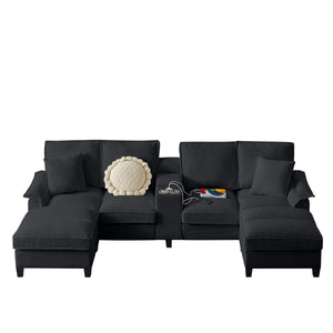 English Elm 120" Modular Corduroy Sectional Sofa Bed with Storage, U-Shaped 4-Seater, Cup Holders & Console Black W1359S00013