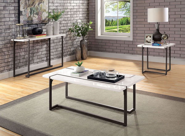 English Elm Modern Contemporary Sofa Table with High Gloss Lacquer Top and Sleek Metal Frame for Entryway Decor Gunmetal,White 51 L x 28 W x 4 H B2741S00474