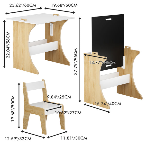 English Elm Kids Multifunctional Table Set with Chair, Convertible MDF Top for Study Drawing Play, White Natural Finish W808P293817