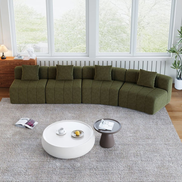 English Elm Chenille Modular Curved Sectional Sofa with Sculptural Piano Key Design and Four Throw Pillows Green W834S00585