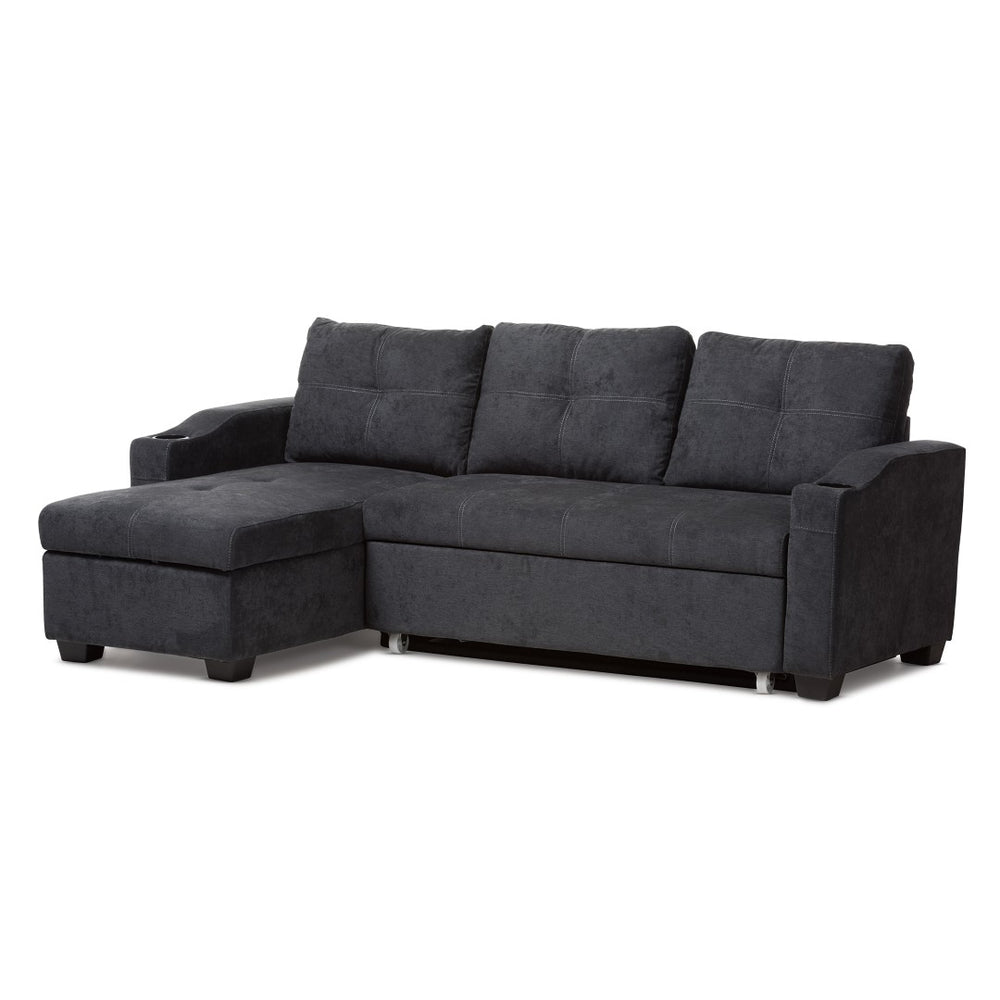 Baxton Studio Baxton Lianna Modern Dark Grey Sectional Sofa with Storage, Sleeper Feature & Cupholders for Comfort R8068-Dark Grey-Rev-SF