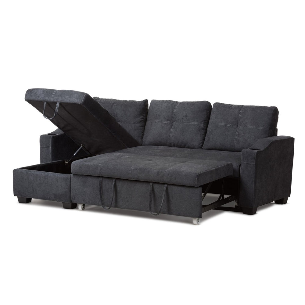 Baxton Studio Baxton Lianna Modern Dark Grey Sectional Sofa with Storage, Sleeper Feature & Cupholders for Comfort R8068-Dark Grey-Rev-SF