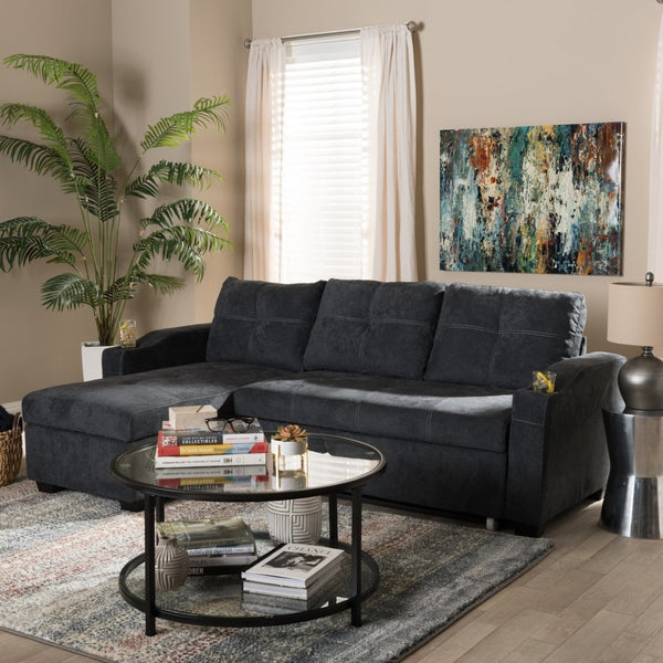 Baxton Studio Baxton Lianna Modern Dark Grey Sectional Sofa with Storage, Sleeper Feature & Cupholders for Comfort R8068-Dark Grey-Rev-SF