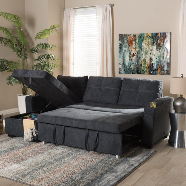 Baxton Studio Baxton Lianna Modern Dark Grey Sectional Sofa with Storage, Sleeper Feature & Cupholders for Comfort R8068-Dark Grey-Rev-SF