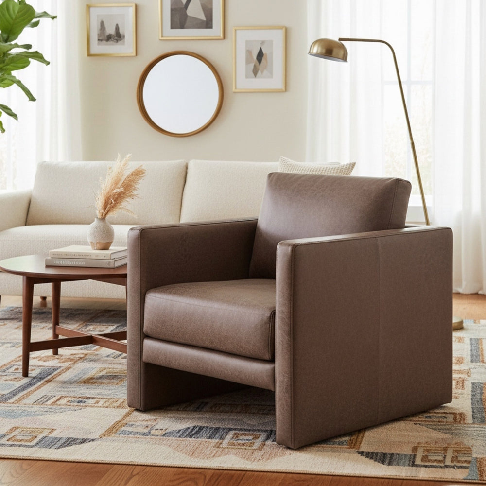 English Elm Tulo Faux Leather Arm Chair in Espresso — Tuxedo Arms, Coil Spring Comfort, Removable Cushions, 24"L B050P390594