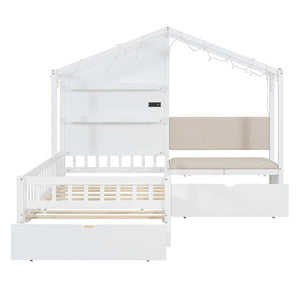 English Elm Twin House Bed Frame with Sofa Seating Led Lighting Drawers and Wireless Charging LP000521AAK-1