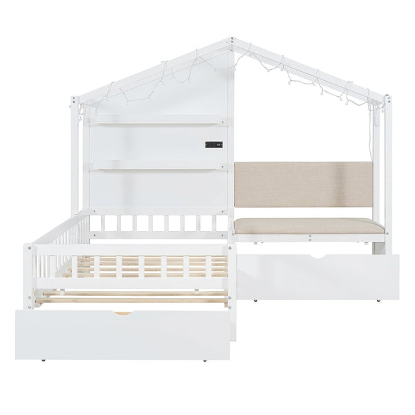 English Elm Twin House Bed Frame with Sofa Seating Led Lighting Drawers and Wireless Charging LP000521AAK-1
