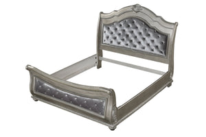 English Elm Destiny Traditional Upholstered Crystal-Tufted King Bed with Button Headboard, Silver Wood Frame B009S01355