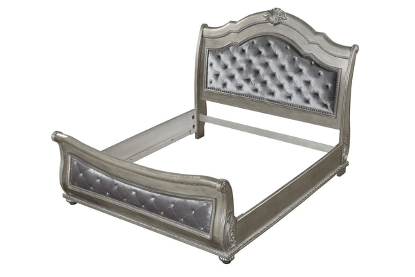 English Elm Destiny Traditional Upholstered Crystal-Tufted King Bed with Button Headboard, Silver Wood Frame B009S01355