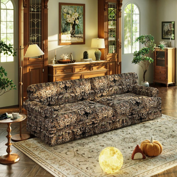 English Elm Luxuriously Deep Chenille Sofa with Pleated Skirt and Rolled Arms for Living Rooms Black Floral W1885S00296