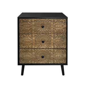 English Elm 3 Drawer Solid Wood Cabinet Hand Carved Relief Fronts Pine Feet Bedroom Storage W688138033