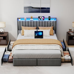 English Elm Full Size Linen Tufted Storage Bed with Rgb Lighting and Built in Charging Ports T3963P483807