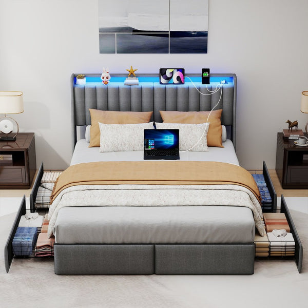 English Elm Full Size Linen Tufted Storage Bed with Rgb Lighting and Built in Charging Ports T3963P483807