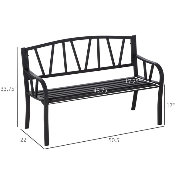 English Elm Outsunny 50" Black Metal Garden Bench For 2, Stylish Patio Seating With Slatted Design & Armrests W2225P174098-GIGA