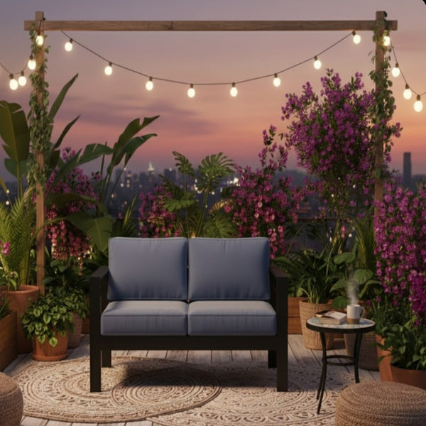 English Elm 50" Cast Aluminum Outdoor Loveseat with Uv Resistant Olefin Cushions for Patio Decks Black+Blue B082P454971