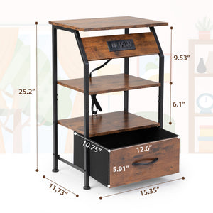 English Elm Set of 2 Nightstands with Built-In USB & Outlet Charging Station, Fabric Drawers, Open Shelves for Bedroom Rustic Brown W2181P191358