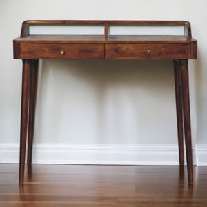 English Elm Elevated Chestnut Console Table with 2 Drawers, Solid Mango Wood, Nordic Legs, Raised Back Accent B182P295014