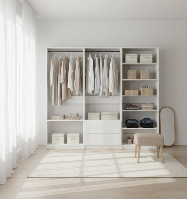 English Elm Prosper Freestanding White Walk-In Wood Closet System – Durable Melamine Oak Finish, Ample Modular Storage B040S00141