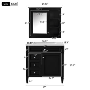 English Elm 30'' Modern Bathroom Vanity with Integrated Mirror Cabinet, Ceramic Sink, 3 Drawers & Ample Storage Black SW000126AAB-1
