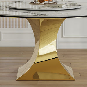 English Elm 59" Round Sintered Stone Table Set Seats Eight with Gold Hourglass Base Lazy Susan W2700S00131
