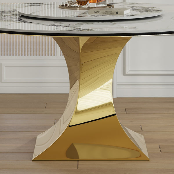 English Elm 59" Round Sintered Stone Table Set Seats Eight with Gold Hourglass Base Lazy Susan W2700S00131