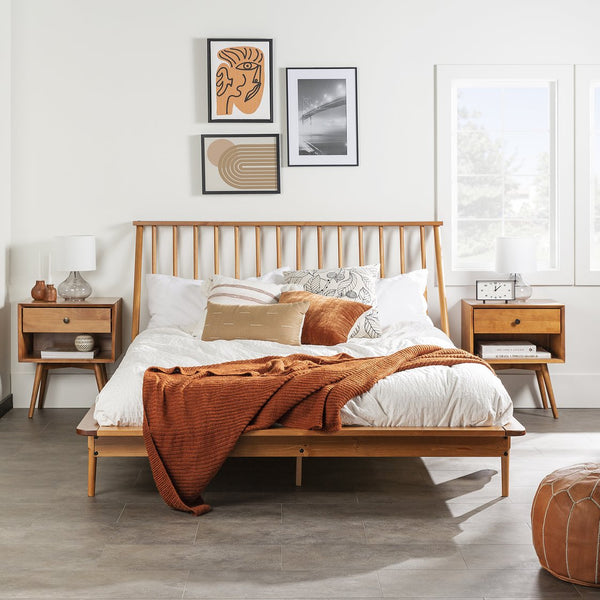 English Elm Walker Edison - Mid-Century Solid Pine Queen Platform Bed with Spindle Headboard, Tapered Legs & No Box Spring Needed Caramel 94 L x 16 W x 6 H B185P169399
