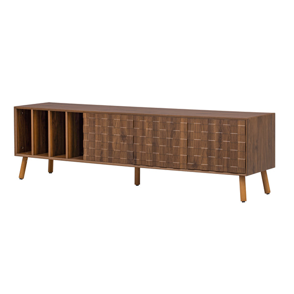 English Elm 70" Mid-Century Modern TV Stand with Lattice Wood Grain, 3 Cabinets & 4 Open Shelves, Walnut Elegance N710P222773P