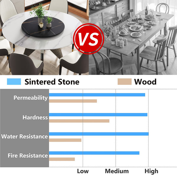 English Elm 59.05" Round Marble Dining Table With Silver Base, Lazy Susan, Seats 6-8, Modern Two-Tone Design W1535S00395