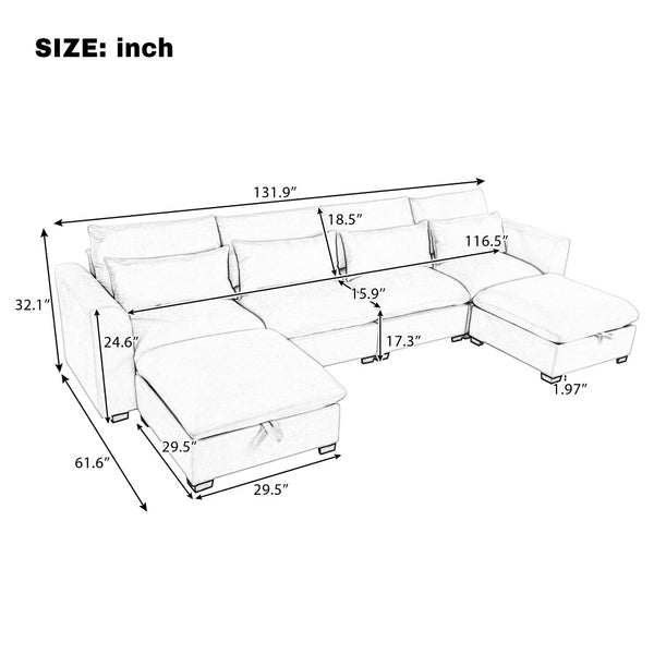 English Elm U_style Modular U-shaped Sectional Sofa with Storage Ottomans Linen Polyester 6 Seat Gray WY000462AAE