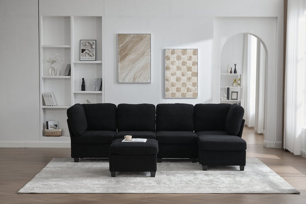 English Elm UNITED Modular 6-Seat Sectional Sofa with Removable Ottoman, Storage Compartments, Convertible Comfort Black W1568S00243