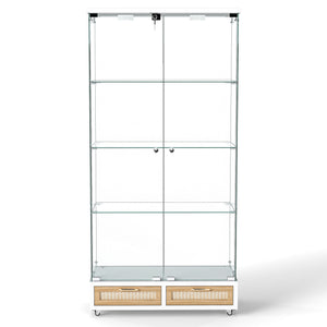 English Elm Modern Glass Display Cabinet With Led Lighting, Lockable Drawers, And Adjustable Shelves For Home Décor W241S00059