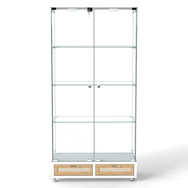 English Elm Modern Glass Display Cabinet With Led Lighting, Lockable Drawers, And Adjustable Shelves For Home Décor W241S00059