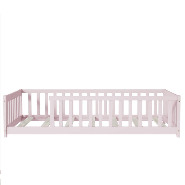 English Elm Twin Solid Rubberwood Floor Bed with Full Perimeter Safety Rails for Toddler Rooms Pink W504P296798