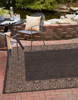 Unique Loom Outdoor Border Floral Border Machine Made Floral Rug Charcoal Gray, Beige/Gray 10' 8" x 10' 8"