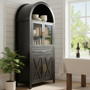 English Elm 71" Arched Glass Barn Door Pantry Cabinet Farmhouse Mdf Storage for Kitchen Dining Black W2917S00016
