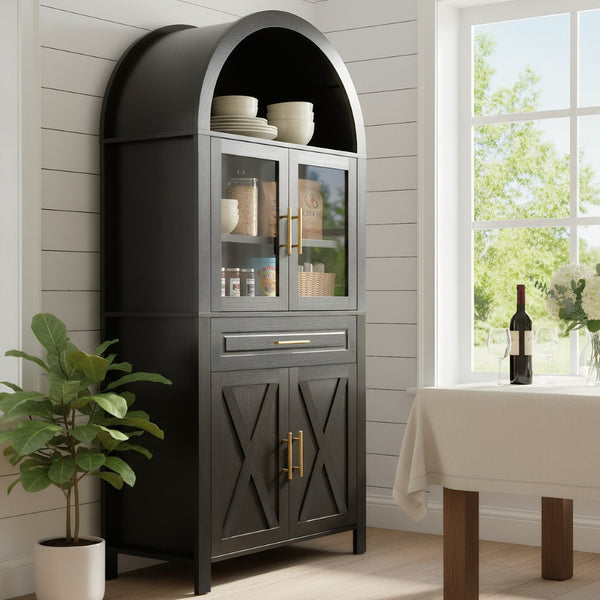 English Elm 71" Arched Glass Barn Door Pantry Cabinet Farmhouse Mdf Storage for Kitchen Dining Black W2917S00016