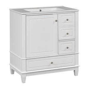 English Elm Christopher Knight Home® - 30" Freestanding Bathroom Vanity with Ceramic Sink, Soft-Close Door, Gold Knobs & 3 Drawers, Durable Painted Finish White N759P225994K