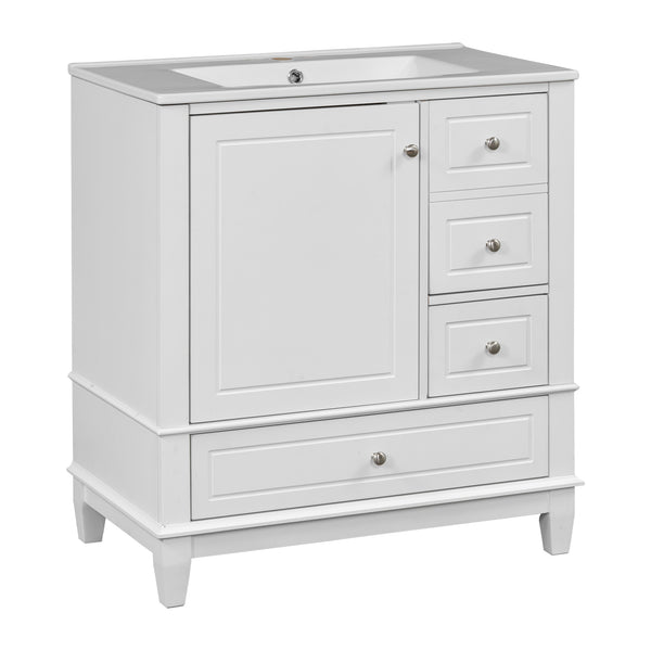 English Elm Christopher Knight Home® - 30" Freestanding Bathroom Vanity with Ceramic Sink, Soft-Close Door, Gold Knobs & 3 Drawers, Durable Painted Finish White N759P225994K