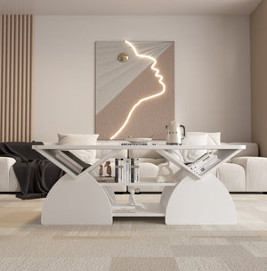 English Elm Engineered rounded corner rectangular coffee table with 6 cubbies, spacious tabletop, durable melamine finish White W2899P372759